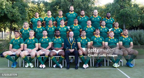 Team photo of the South Africa men's national rugby team at Hotel Relais de la Malmaison on October 14, 2023 in Rueil-Malmaison, France.