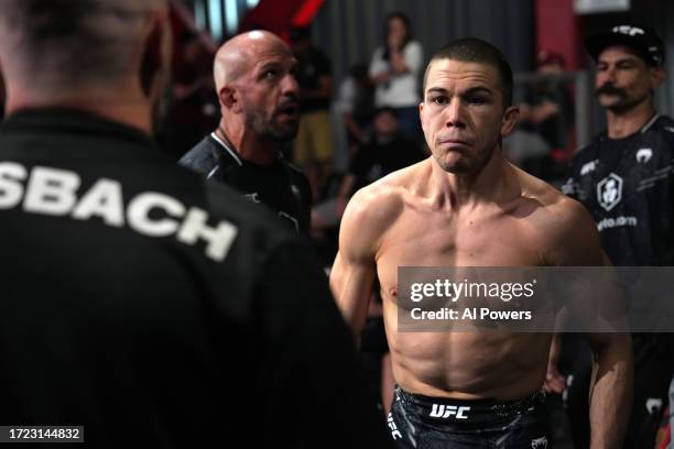 Alexander Hernandez prepares to enter the Octagon prior to his featherweight fight during the UFC Fight Night weigh-in at UFC APEX on October 07,...