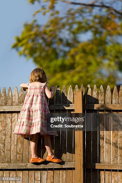 little girl standing on fence looking over - girl rising stock pictures, royalty-free photos & images