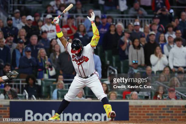 Ronald Acuna Jr. #13 of the Atlanta Braves reacts after striking out during the fifth inning against the Philadelphia Phillies during Game One of the...