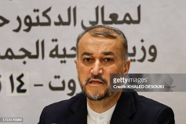Iranian Foreign Minister Hossein Amir-Abdollahian holds a press conference at the Iranian Embassy in the Lebanese capital Beirut on October 14, 2023....