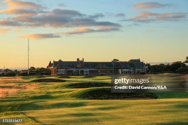 General view of the par 4, eighteenth hole and clubhouse at Royal Troon on August 15, 2023 in Troon, Scotland.