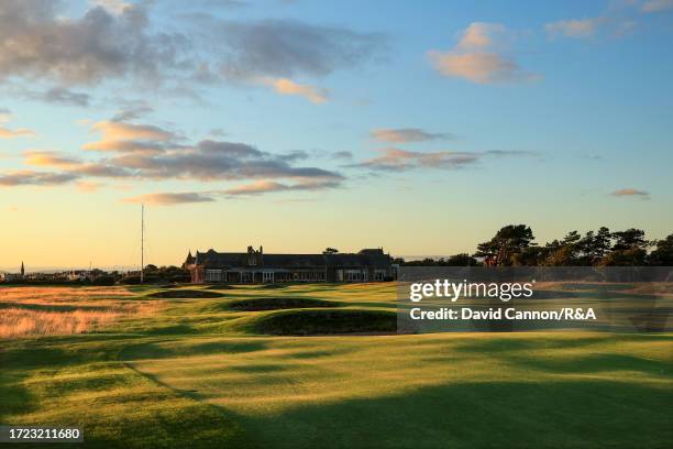 General view of the par 4, eighteenth hole and clubhouse at Royal Troon on August 15, 2023 in Troon, Scotland.