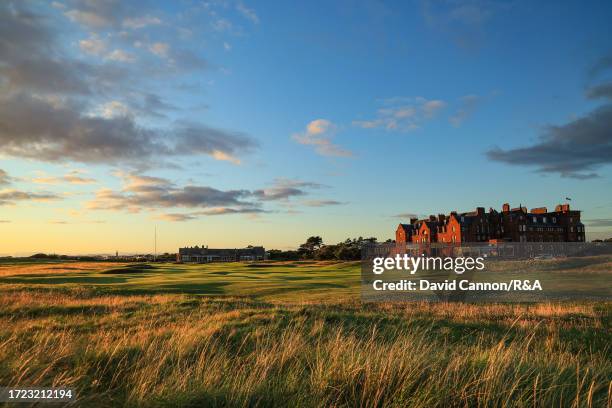 General view of the par 4, eighteenth hole and clubhouse at Royal Troon on August 15, 2023 in Troon, Scotland.