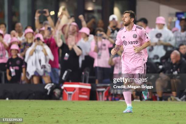 Lionel Messi of Inter Miami takes the field against the FC Cincinnati during the second half at DRV PNK Stadium on October 07, 2023 in Fort...