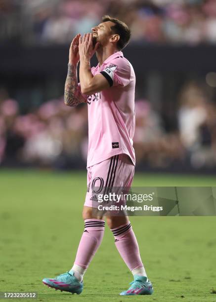 Lionel Messi of Inter Miami reacts against the FC Cincinnati during the second half at DRV PNK Stadium on October 07, 2023 in Fort Lauderdale,...