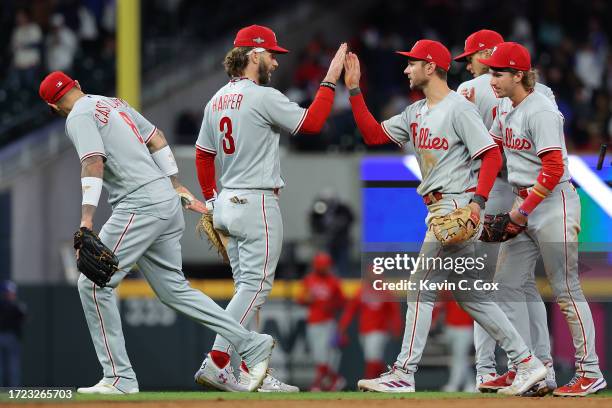 The Philadelphia Phillies react after defeating the Atlanta Braves during Game One of the Division Series at Truist Park on October 07, 2023 in...