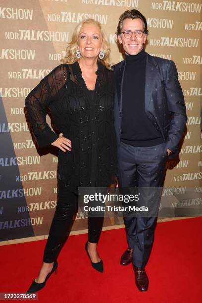 Bettina Tietjen and Johannes Wimmer attend the NDR Talk Show at NDR Studios on October 13, 2023 in Hamburg, Germany.