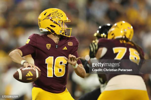 Quarterback Trenton Bourguet of the Arizona State Sun Devils throws a pass during the second half of the NCAAF game against the Colorado Buffaloes at...