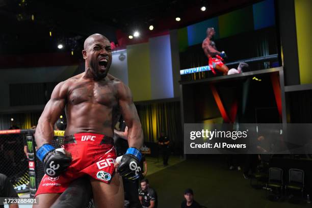 Bobby Green reacts after defeating Grant Dawson in a lightweight fight during the UFC Fight Night weigh-in at UFC APEX on October 07, 2023 in Las...