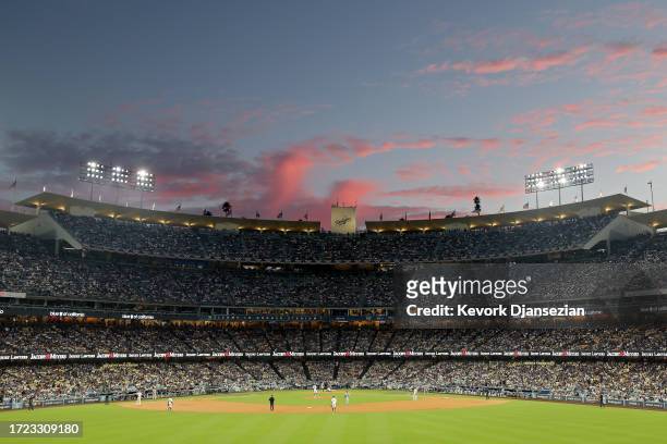 General view during Game One of the Division Series between the Arizona Diamondbacks and the Los Angeles Dodgers at Dodger Stadium on October 07,...
