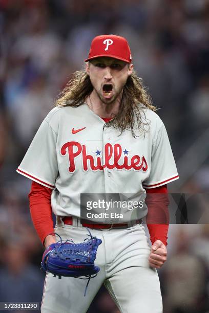 Matt Strahm of the Philadelphia Phillies reacts during the eighth inning against the Atlanta Braves during Game One of the Division Series at Truist...