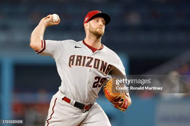 Merrill Kelly of the Arizona Diamondbacks pitches in the first inning against the Los Angeles Dodgers during Game One of the Division Series at...