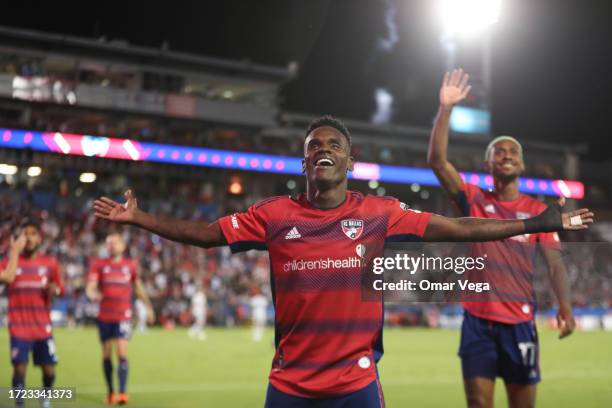 Jáder Obrian of FC Dallas celebrates after scoring his team's first goal during the MLS game between San Jose Earthquakes and FC Dallas at Toyota...