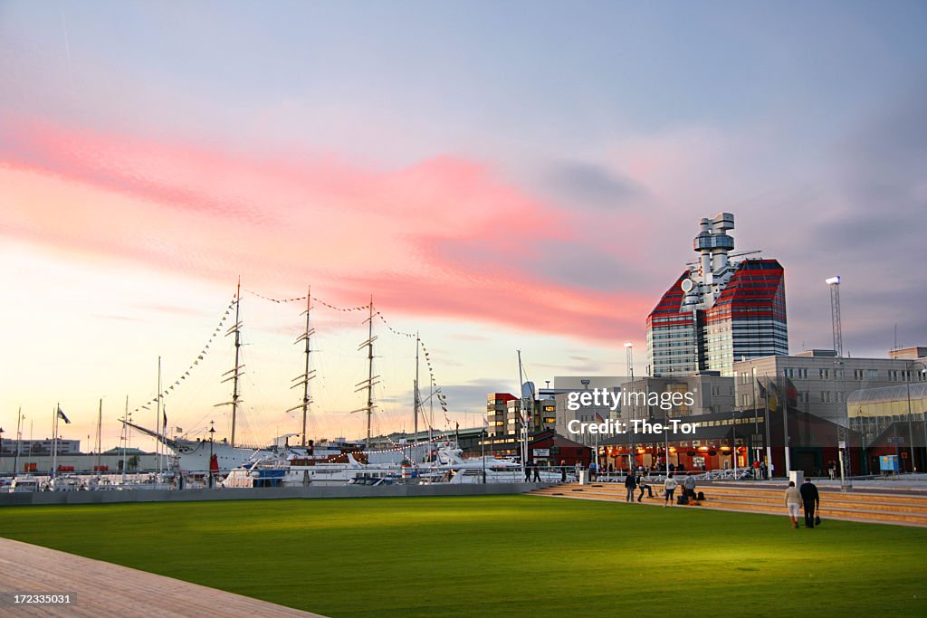 Gothenburg harbor with beautiful red clouds