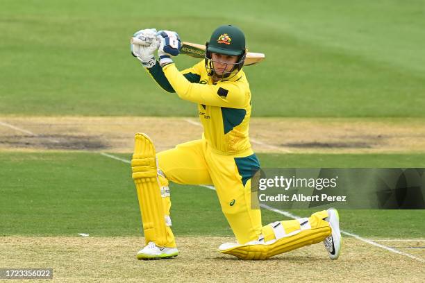 Phoebe Litchfield of Australia bats during game one of the One Day International series between Australia and the West Indies at Allan Border Field...