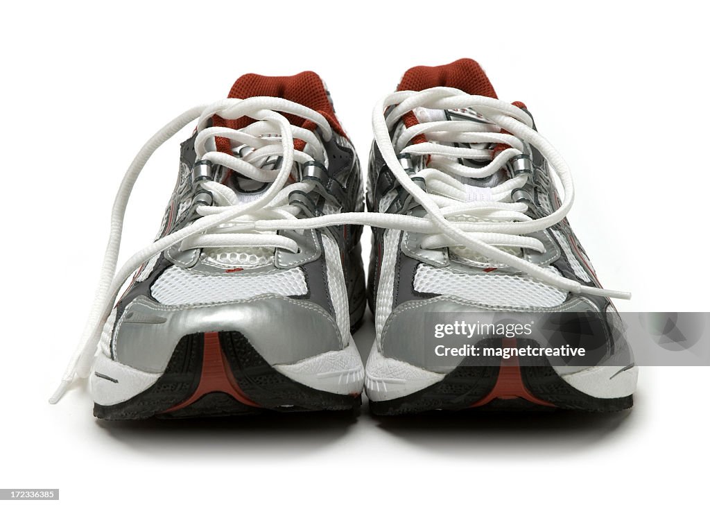 Close-up of a pair of silver running shoes