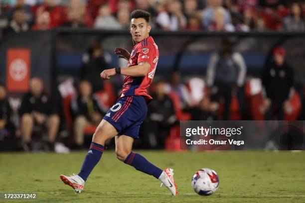 Alan Velasco of FC Dallas passes the ball during the MLS game between San Jose Earthquakes and FC Dallas at Toyota Stadium on October 7, 2023 in...