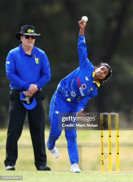 Janutal Sumona of the ACT bowls during the WNCL match between ACT and Tasmania at EPC Solar Park, on October 08 in Canberra, Australia.