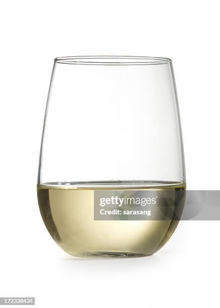 stemless wine glass with chardonnay isolated on white - witte wijn stockfoto's en -beelden
