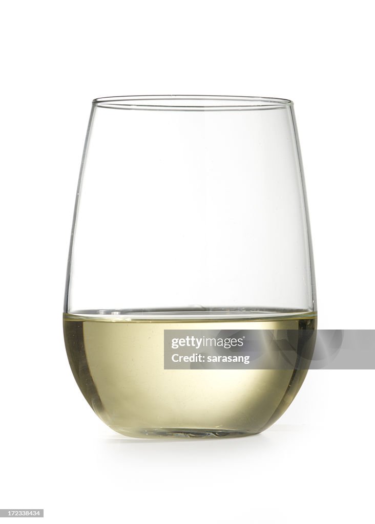 Stemless wine glass with chardonnay isolated on white