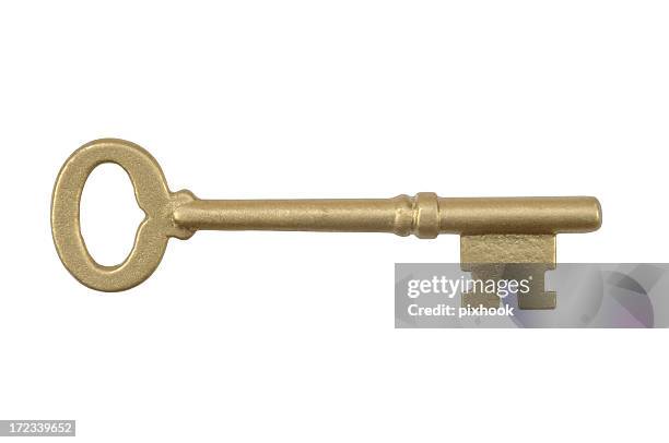 golden skeleton key with path - sleutel beveiligingsapparatuur stockfoto's en -beelden