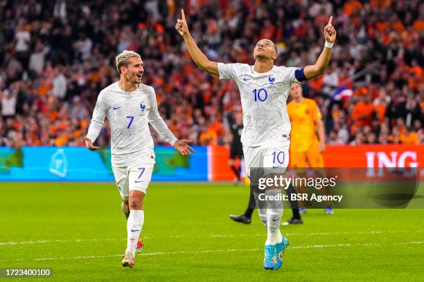 Antoine Griezmann of France, Kylian Mbappe of France celebrate the second goal during the UEFA EURO 2024 Qualifying Round Group B match between...