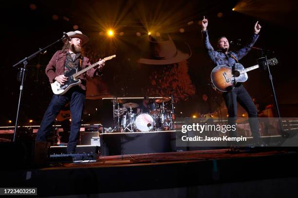 John Osborne and T.J. Osborne of Brothers Osborne perform at Ascend Amphitheater on October 07, 2023 in Nashville, Tennessee.