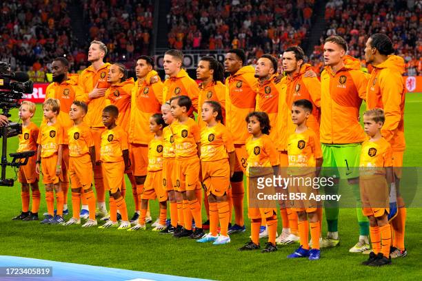 Players of the Netherlands during the national anthem during the UEFA EURO 2024 Qualifying Round Group B match between Netherlands and France at...