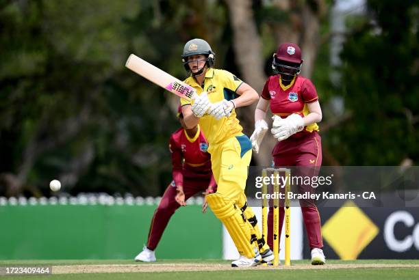 Ellyse Perry of Australia plays a shot during game one of the One Day International series between Australia and the West Indies at Allan Border...