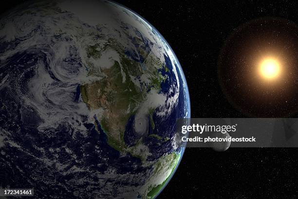 sun, moon, earth and starfield - rotating earth stock pictures, royalty-free photos & images