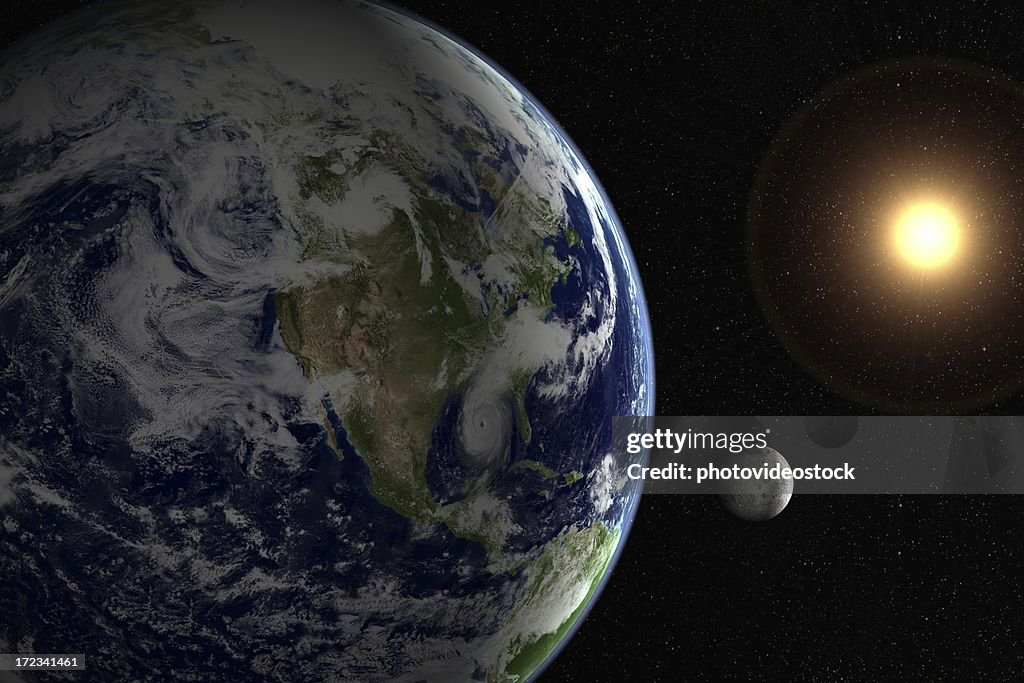 Sun, moon, earth and starfield