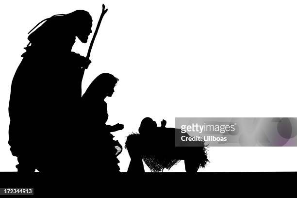 nativity scene silhouette on white - nativity scene white background stock pictures, royalty-free photos & images