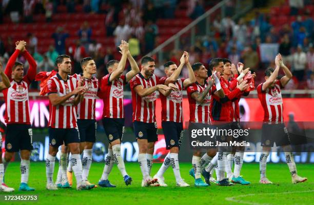 Players of Chivas celebrate after winning the 12th round match between Chivas and Atlas as part of the Torneo Apertura 2023 Liga MX at Akron Stadium...