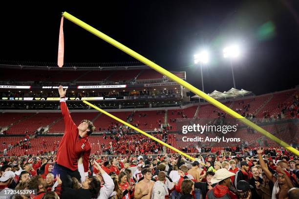 Fans celebrate on the field following the Louisville Cardinals 33-20 win over the Notre Dame Fighting Irish at L&N Stadium on October 07, 2023 in...