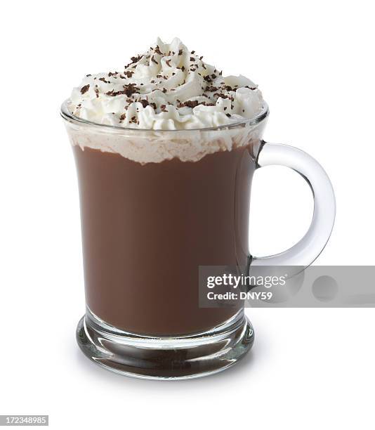 hot chocolate topped with whipped cream isolated on white background - hot chocolate stockfoto's en -beelden