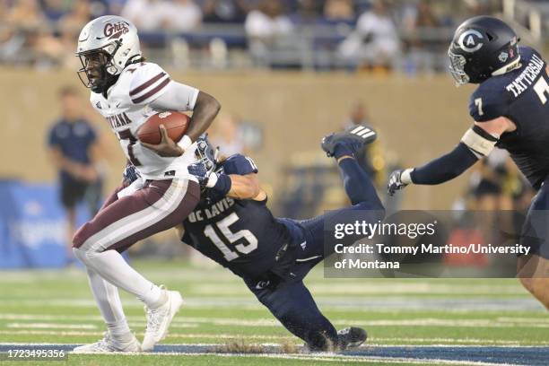 Clifton McDowell of the Montana Grizzlies runs with the ball during a game against the UC Davis Aggies at UC Davis Health Stadium on October 07, 2023...