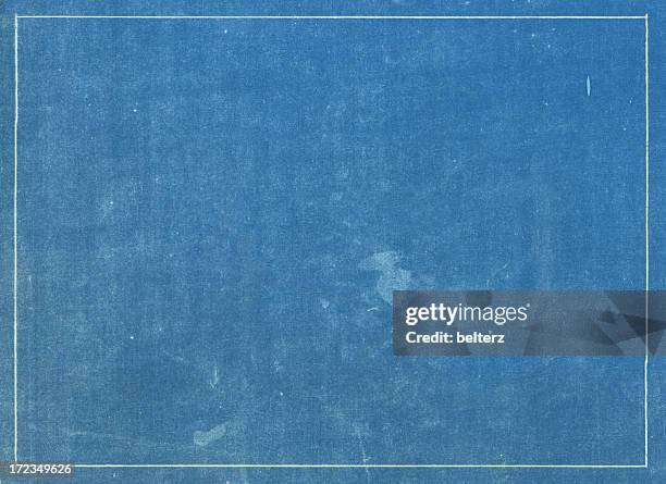 grunge blue print texture with white line border - blauwdruk stockfoto's en -beelden