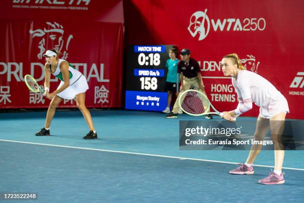 Oksana Kalashnikova of Georgia and Aliaksandra Sasnovich compete against Anna Danilina of Kazakhstan and Alexandra Panova during the women's doubles...