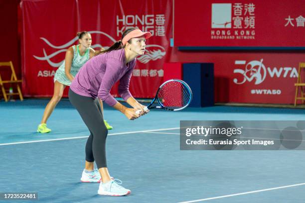 Anna Danilina of Kazakhstan and Alexandra Panova competes against Oksana Kalashnikova of Georgia and Aliaksandra Sasnovich during the women's doubles...