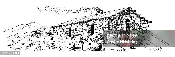 stone cabin engraving - stone house stock illustrations