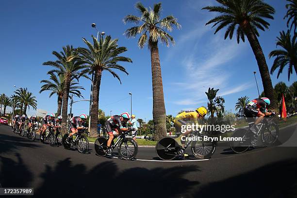 Jan Bakelants of Belgium competes in Team Radioshack Leopard during stage four of the 2013 Tour de France, a 25KM Team Time Trial on July 2, 2013 in...