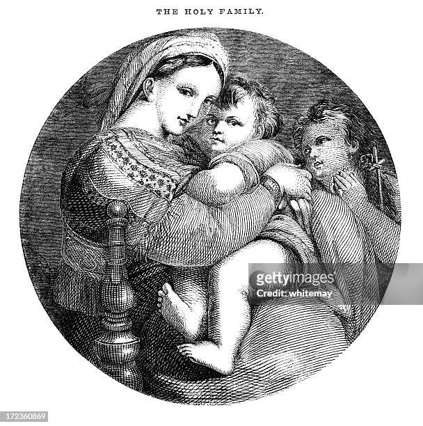 stockillustraties, clipart, cartoons en iconen met the holy family (victorian woodcut) - kids hugging mom cartoon