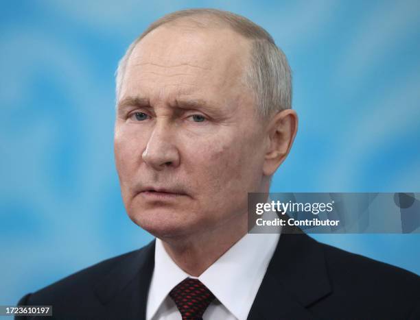 Russian President Vladimir Putin speeches during his press conference at the Commonwealth of Independent States's Head of States Meeting at the...