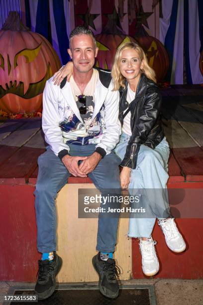 Freddie Prinze Jr. And Sarah Michelle Gellar celebrate 50 Years of Nightmares t Knott's Scary Farm on October 07, 2023 in Buena Park, California.