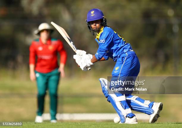 Janutal Sumona of the ACT bats during the WNCL match between ACT and Tasmania at EPC Solar Park, on October 08 in Canberra, Australia.
