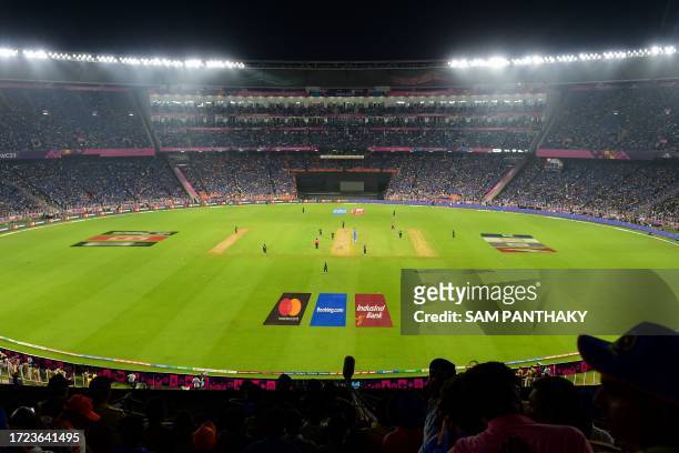 General view of the stadium during the 2023 ICC Men's Cricket World Cup one-day international match between India and Pakistan at the Narendra Modi...