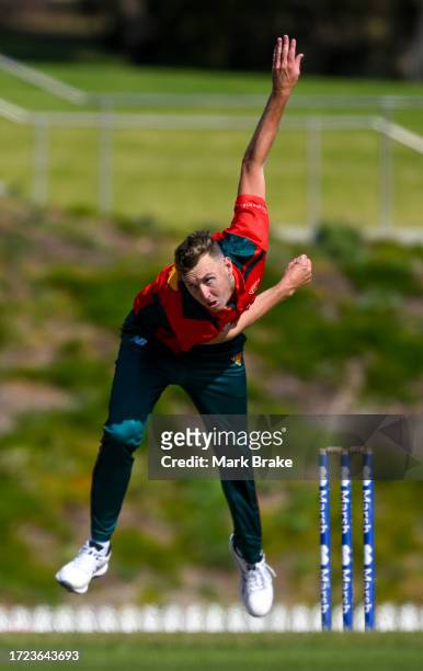 Billy Stanlake of the Tasmanian Tigers bowls during the Marsh One Day Cup match between South Australia and Tasmania at Karen Rolton Oval, on October...