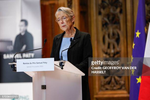 French Prime Minister Elisabeth Borne delivers a speech at the Sorbonne university in Paris on October 14 during the "Samuel Paty" award ceremony,...