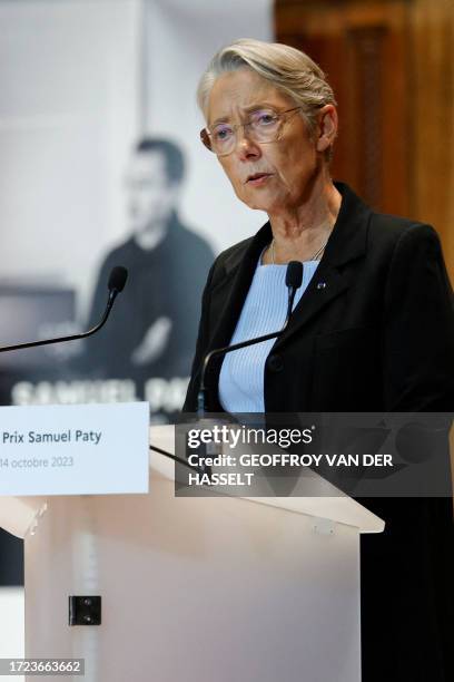 French Prime Minister Elisabeth Borne delivers a speech at the Sorbonne university in Paris on October 14 during the "Samuel Paty" award ceremony,...